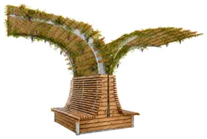 Image du produit de jardin : Ombrière végétalisée - Banc bois double avec 8 places