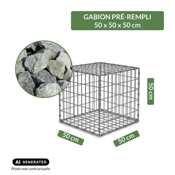 Image du produit : Gabion pré-rempli prêt à poser - Blocs granit 80/150 -  50 x 50 x 50 cm