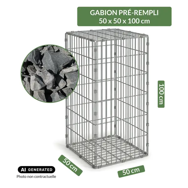 Image du produit : Gabion pré-rempli prêt à poser - Blocs basalte 80/150 - 50 x 50 x 100 cm