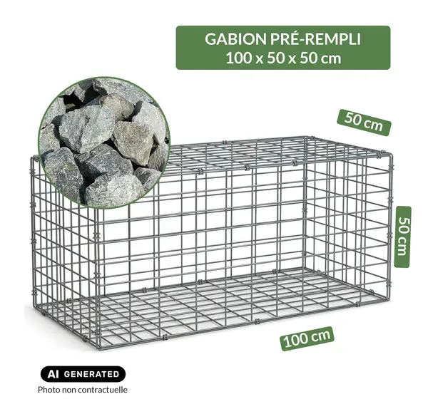 Image du produit : Gabion pré-rempli prêt à poser - Blocs granit 80/150 - 100 x 50 x 50 cm