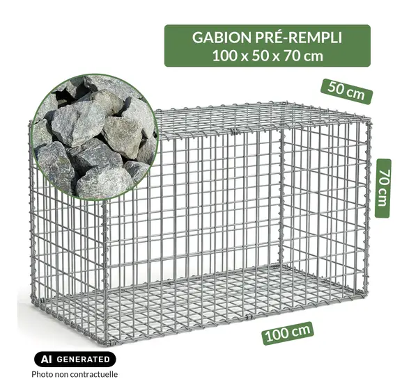 Image du produit : Gabion pré-rempli prêt à poser - Blocs granit 80/150 - 100 x 50 x 70 cm