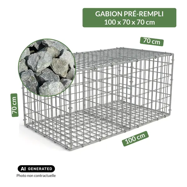 Image du produit : Gabion pré-rempli prêt à poser - Blocs granit 80/150 - 100 x 70 x 70 cm